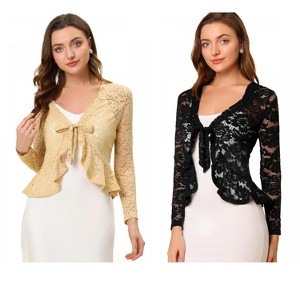 Allegra K Women's Tie Front Ruffled Hem Floral Lace Sheer Crop Bolero Shrug 2 Packs - 1 of 4