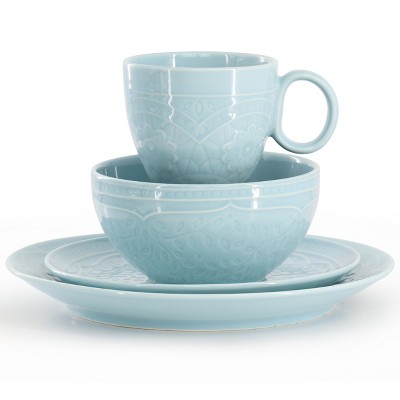 Aqua Floral Porcelain 16-Piece Dinnerware Set for 4