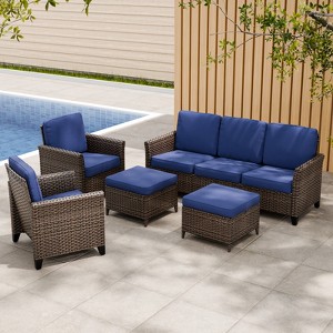 EAGLE PEAK Ocean Vista 5 piece Outdoor Patio Furniture Set， Variated Wicker Conversation Set with Cushions - 1 of 4