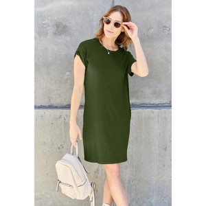 I am a Fashion junky Basic Bae Full Size Round Neck Short Sleeve Dress with Pockets - 1 of 4