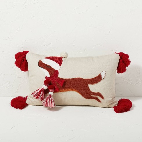 Santa Dog Embroidered Lumbar Throw Pillow Cream/Red - Opalhouse™ designed with Jungalow™ - image 1 of 4