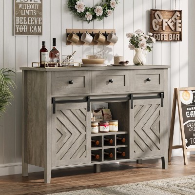 Farmhouse Buffet Cabinet with Sliding Barn Door, Rustic Sideboard with 3 Drawer, Removable Wine Racks and Adjustable Shelf for Dining Room, Kitchen