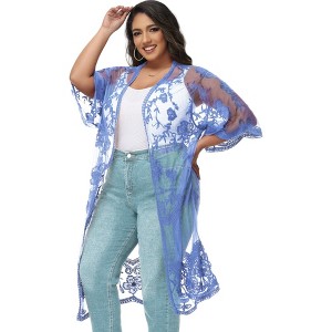 Anna-Kaci Women's Plus Size Lace Cardigan Short Sleeve Open Front Floral Crochet Long Duster - 1 of 4