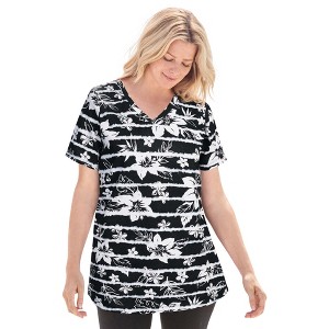 Woman Within Plus Size Perfect Printed Short-Sleeve V-Neck Tee - 1 of 4