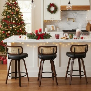 Homy Casa Counter Height Swivel Bar Stools Set of 3, Rattan Back with Upholstered seat &Walnut Wood Legs - 1 of 4