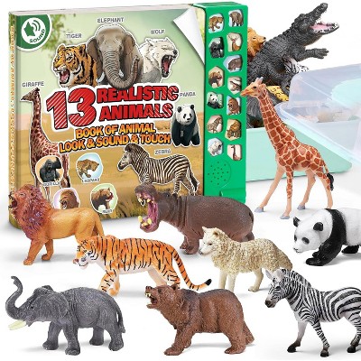 TEMI 13-Piece Safari Animal Toy Set with Electronic Sound Book and Storage Box, Realistic Figurines for Educational Toddler Play
