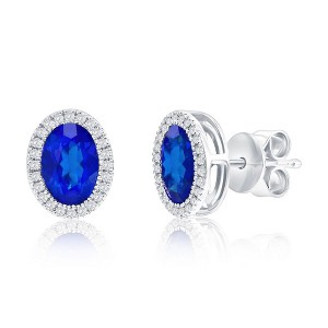 Diamond's D'Argento Sterling Silver, Oval 2.09ct Lab-Grown Sapphire & 0.12ct Natural Diamond Studs - (50 Stones) - Blue - 1 of 3