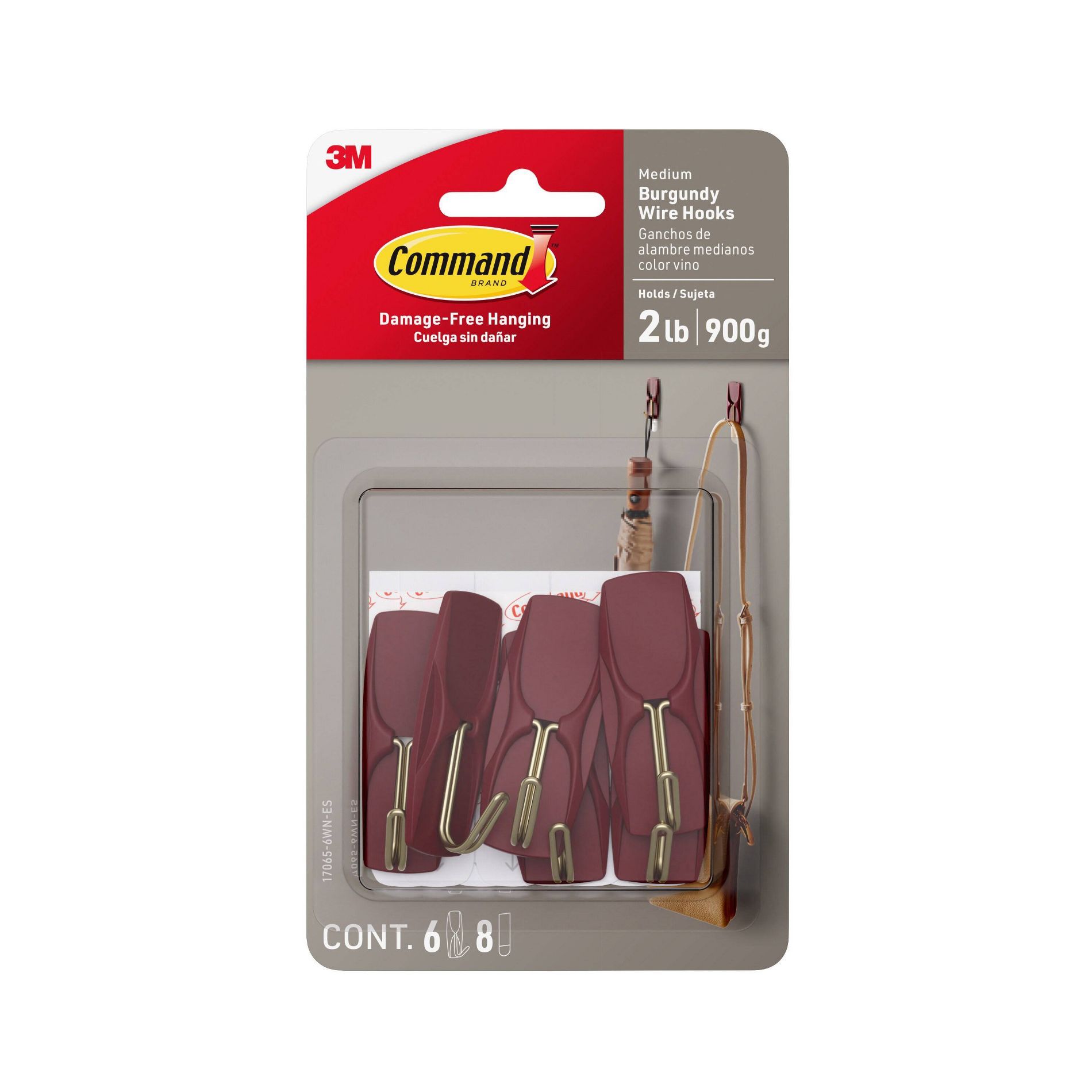Command Damage-Free Medium 6 Wire Hooks and 8 Strips Burgundy