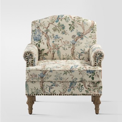 Yahweh Wooden Upholstered  Floral Pattern Design Armchair with Panel Arms and Camelback  | ARTFUL LIVING DESIGN