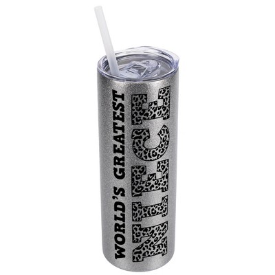 Elanze Designs Leopard Pattern Silvertone Sparkle 20 Ounce Double Wall Stainless Steel Glitter Travel Tumbler With Sliding Lid And Straw, World's