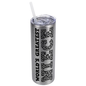 Elanze Designs Leopard Pattern Silvertone Sparkle 20 Ounce Double Wall Stainless Steel Glitter Travel Tumbler With Sliding Lid And Straw, World's - 1 of 4