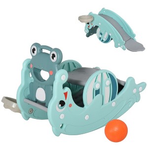Qaba 3-in-1 Kids Portable Slide Rocking Horse Toy with Basketball Hoop for Age 1.5-3 Boys and Girls, Mint Green - 1 of 4