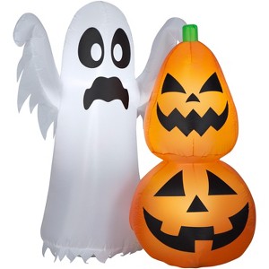 Gemmy  Airblown Inflatable Ghost w/Pumpkin Stack Scene , 4 ft Tall, Multicolored - 1 of 2