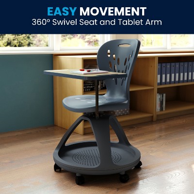Versatile Gray Mobile Desk Chair with Tablet Arm and Storage