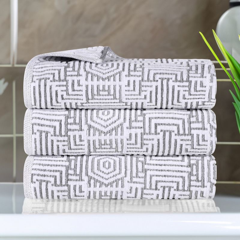 Cotton Modern Geometric Jacquard Plush Soft Highly-Absorbent Bath Towel Set of 3 by Blue Nile Mills, 2 of 11