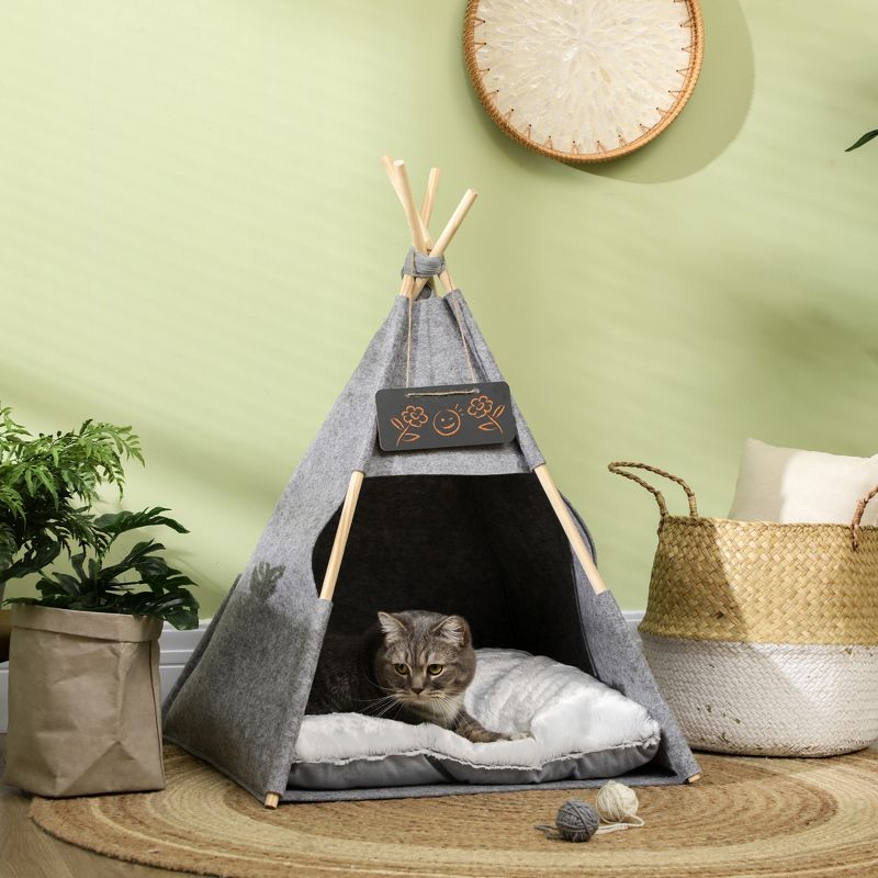 PawHut Pet Tent Cat Cave Small Dog Bed with Thick Cushion, Name Chalkboard for Kitten and Puppy gray, 3 of 11