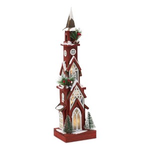 Lighted Winter Church Display with Pine Accents and Snowy Finish 19"H - 1 of 3