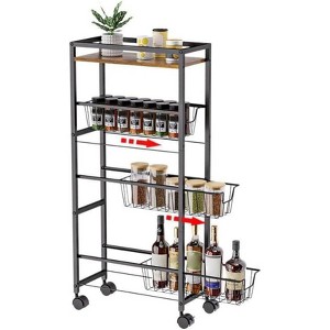Slim Storage Trolley with Wheels, Narrow 4-Tier Extendable Storage Trolley for Kitchen, Bathroom and Narrow Places, Black - 1 of 4