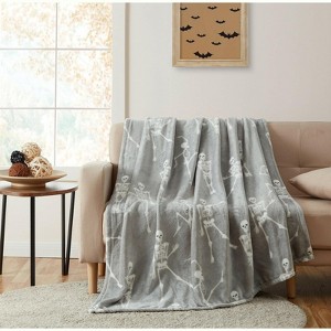 Kate Aurora Halloween Gray Dancing Skeletons Ultra Soft & Plush Oversized Accent Throw Blanket - White - 1 of 3