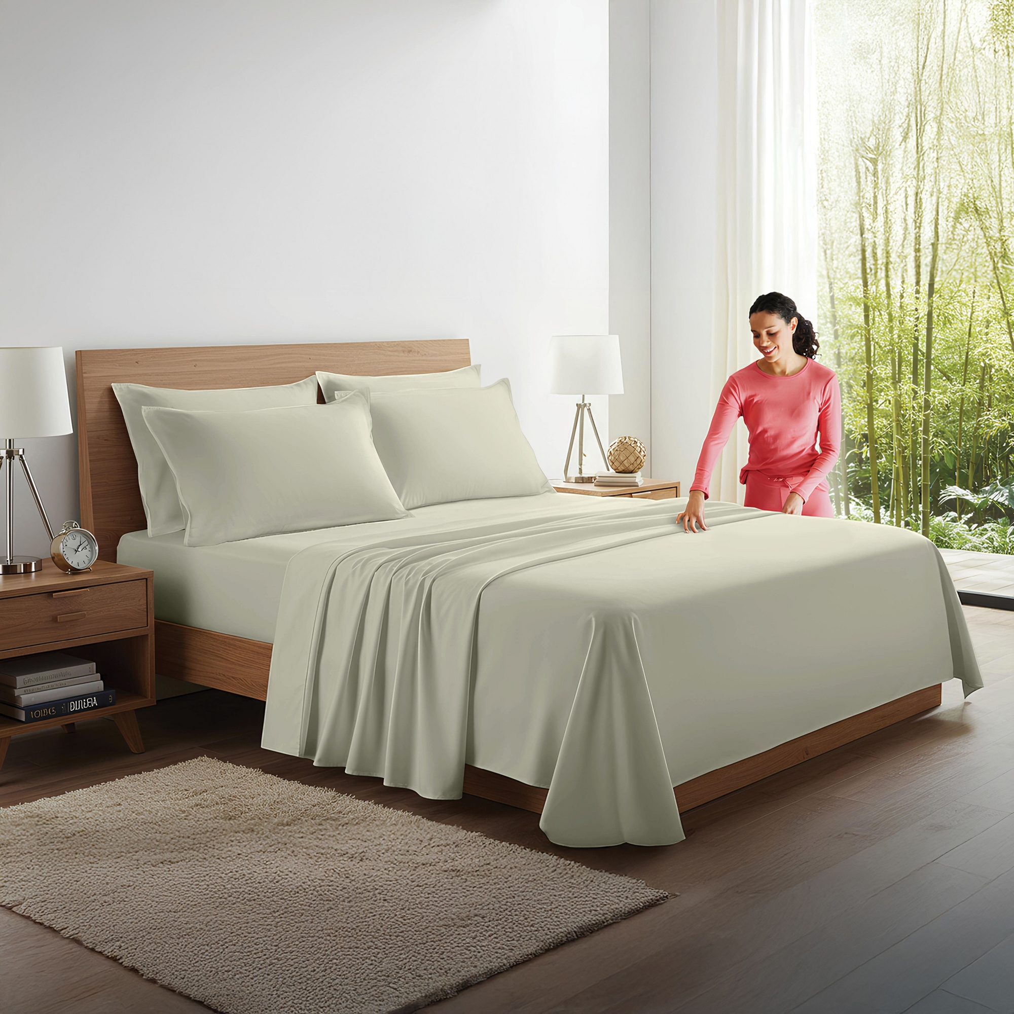 100% Organic Bamboo Viscose Sheets Set, 300 Thread Count, 4-pc Set, Luxury Cooling Sheets, Deep Pockets, Queen Size (Warm Sage)