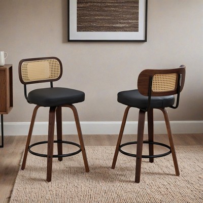 Swivel Bar Stools Set of 2, 26" Upholstered Faux Leather Counter Height Barstools with Walnut Back & Bentwood Legs - Leovsnove