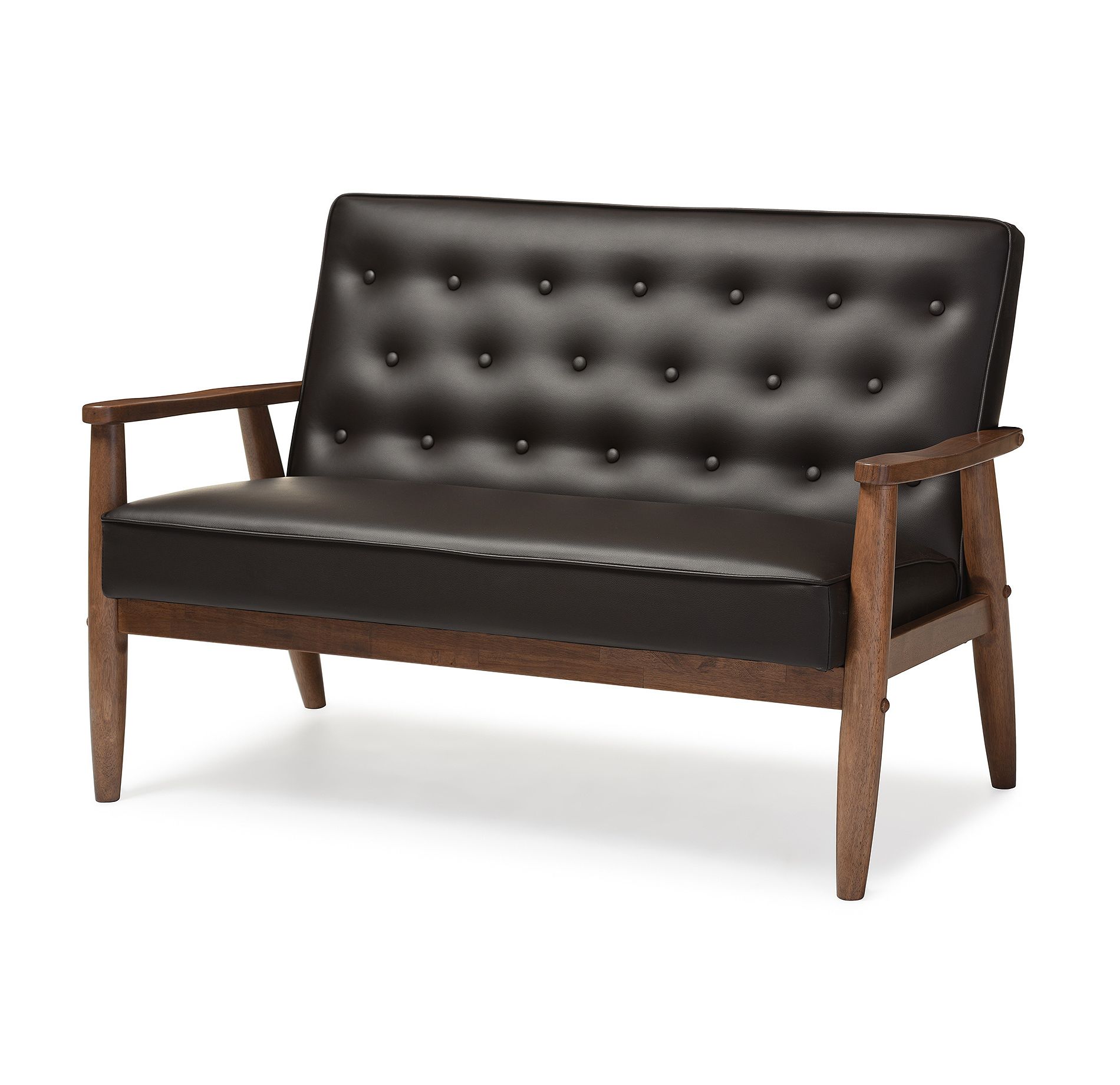 Sorrento Mid-Century Retro Modern Faux Leather Upholstered Wooden 2 Seater Loveseat - Dark Brown - Baxton Studio