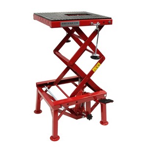 Motorcycle Lift Table, 300 Lb Heavy Duty ATV Jack with Wide Deck & J-Hooks - Foot Operated Scissor Stand Red - 1 of 4