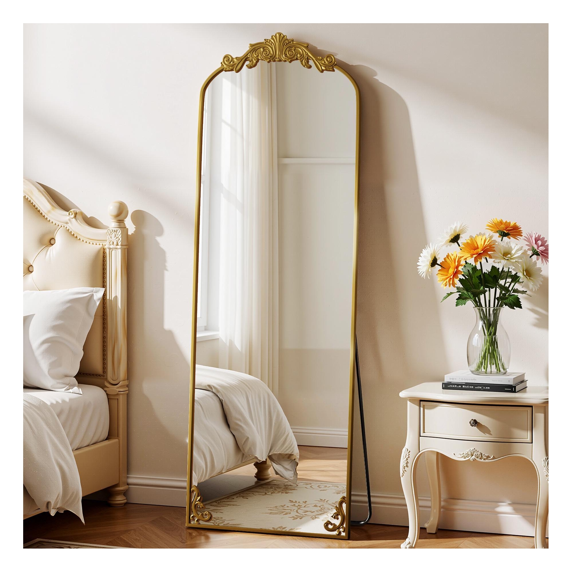 BEAUTYPEAK 64"x21" Vintage Arched Full Length Mirror with Stand, Wall Mount or Freestanding, Gold