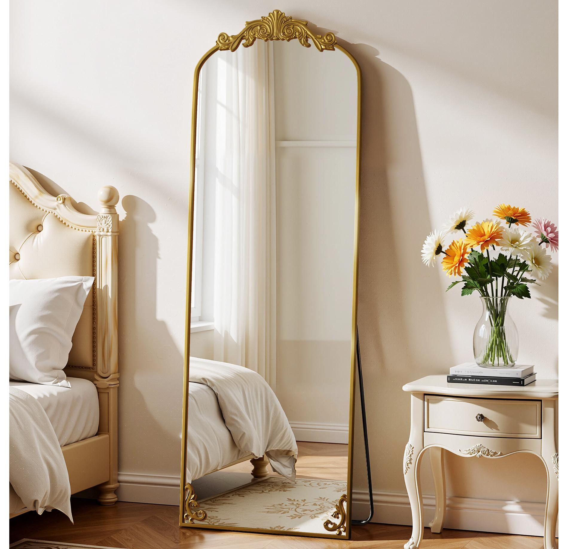 BEAUTYPEAK 64"x21" Vintage Arched Full Length Mirror with Stand, Wall Mount or Freestanding, Gold