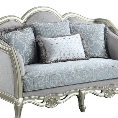 66" Light Gray Linen Loveseat with Champagne Wood Trim