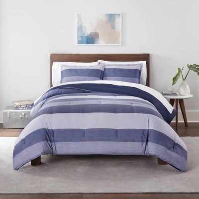 3pc King Billy Textured Stripe Antimicrobial Comforter Set Blue - Serta ...