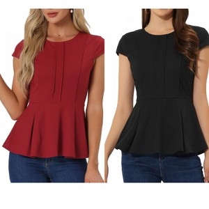 INSPIRE CHIC Women's Elegant Round Neck Cap Sleeve Solid Color Peplum Blouses 2 Packs - 1 of 4