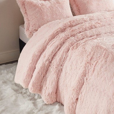 Blush Twin Shaggy Faux Fur Bedspread Cover Set