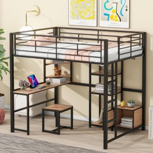 Full Size Loft Bed with Desk and Stool, Metal Loft Bed with Open-Style Wardrobe, Shelves and Cabinet, Black - 1 of 4