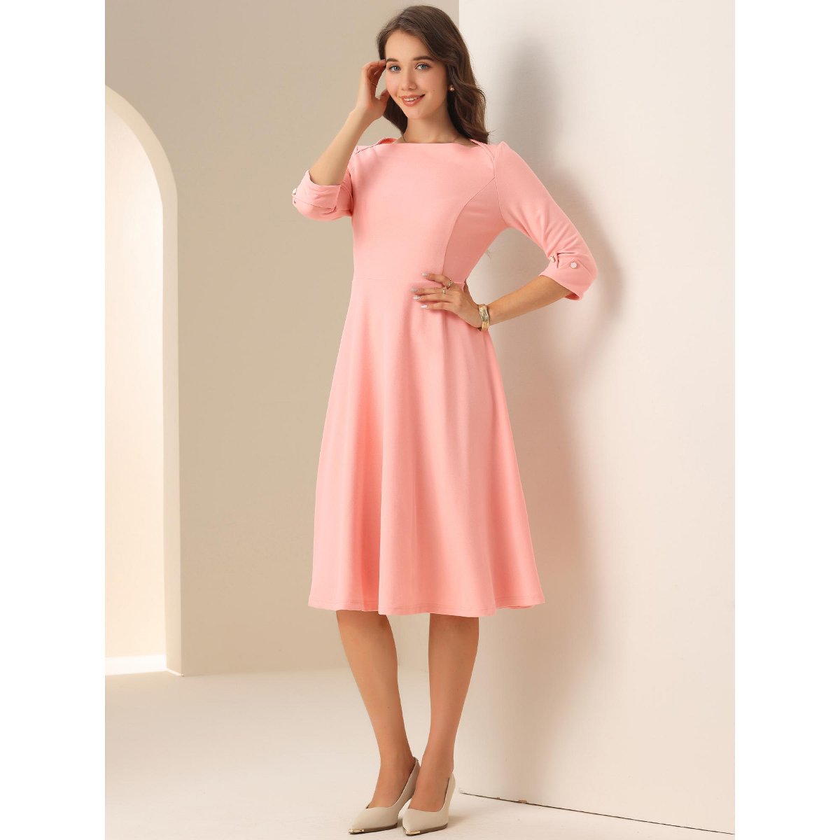 Женские платья INSPIRE CHIC Women's 3/4 Sleeve Elegant Boat Neck Wear to Work Dress Large Pink — фото 4