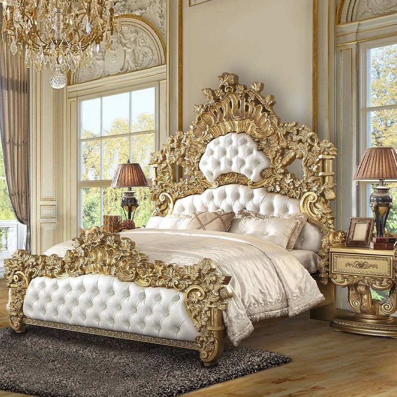 91&#34; Eastern King Bed Bernadette White Synthetic Leather Fabric and Gold Finish - Acme Furniture, 1 of 9