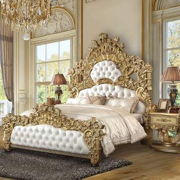 91" Eastern King Bed Bernadette White Synthetic Leather Fabric and Gold Finish - Acme Furniture