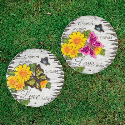 Set of 2 Colorful Floral and Butterfly Garden Stones