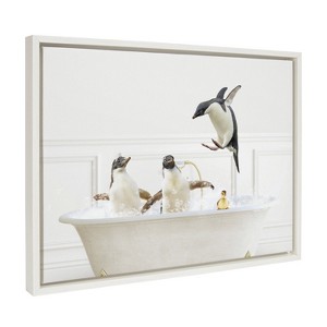Kate and Laurel Sylvie Penguins In Bubble Bath Neutral Style Framed Canvas by Amy Peterson Art Studio, 18x24, White - 1 of 4