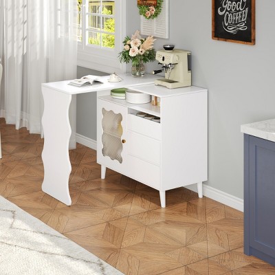 41"-79" Extendable Sideboard Buffet Cabinet, White Wood Storage Cabinet with Drawers and Shelves, Microwave Oven Stand for Kitchen-Cuddlewood