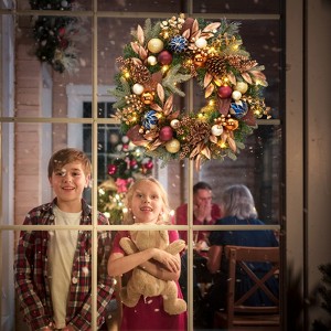 Prelit 24 Inch Christmas Wreath with Christmas Balls, Artificial Christmas Wreath with Pine Cones, Bows for Wall, Window, Front Door Decor - 1 of 4