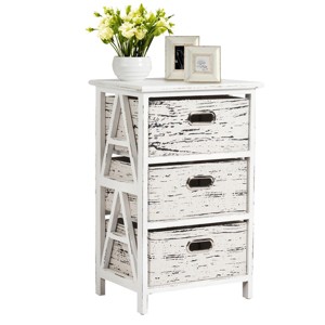 Chest w/3 Fabric Drawers Vintage Wood Frame End Table Side Sofa Table Nightstand - 1 of 4