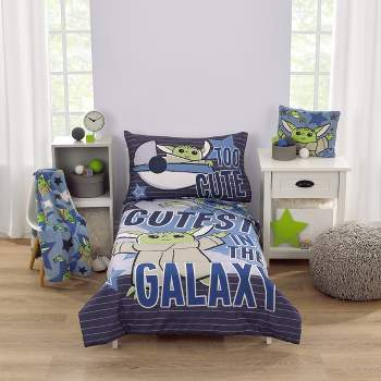 Star Wars The Child Cutest in the Galaxy Blue, Green and Gray, "Too Cute" Grogu, Stars, Hover Pod, and Sorgan Frog 4 Piece Toddler Bed Set
