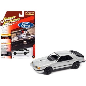 1986 Ford Mustang SVO Silver Metallic with Black Stripes Limited Edition to 12768 pcs 1/64 Diecast Model Car by Johnny Lightning - 1 of 3