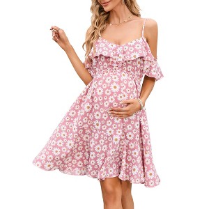 BLUEMING Maternity Cold Shoulder Sundress Flouce Highwaist Midi Dress Floral Summer Dress - 1 of 4