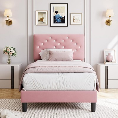 Twin/Full/Queen Size Velvet Upholstered Bed Frame with Tufted Headboard, Wood Slat Support, Noise-Free, Easy Assembly, No Box Spring Needed