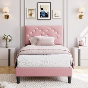 Twin/Full/Queen Size Velvet Upholstered Bed Frame with Tufted Headboard, Wood Slat Support, Noise-Free, Easy Assembly, No Box Spring Needed - 1 of 4