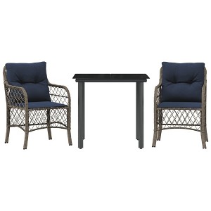 vidaXL 3-Piece Bistro Set with Cushions - Gray Poly Rattan, Navy Cushion Covers, Tempered Glass Tabletop - Outdoor Patio Garden Furniture - 1 of 4