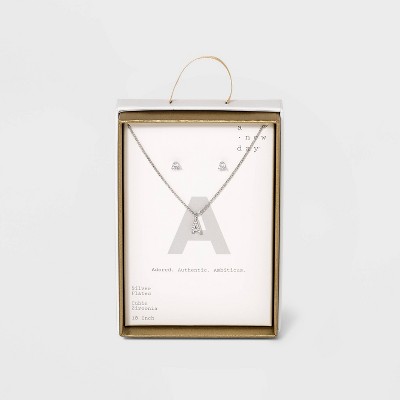 Silver Plated Cubic Zirconia Pave Initial Pendant Necklace and Earring Set - A New Day™ Initial A