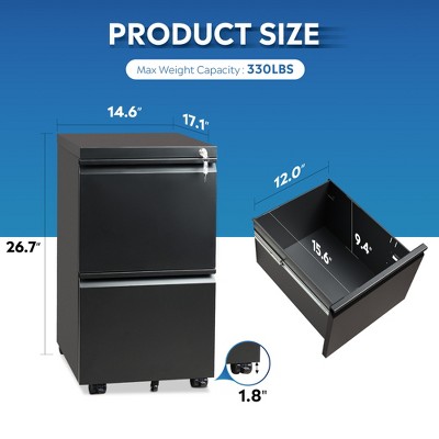 Black Mobile 2-Drawer Lockable Metal File Cabinet